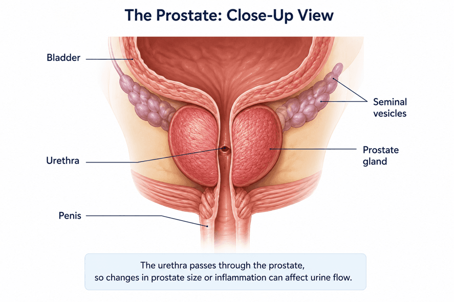 Close-up illustration of the prostate and surrounding urethra