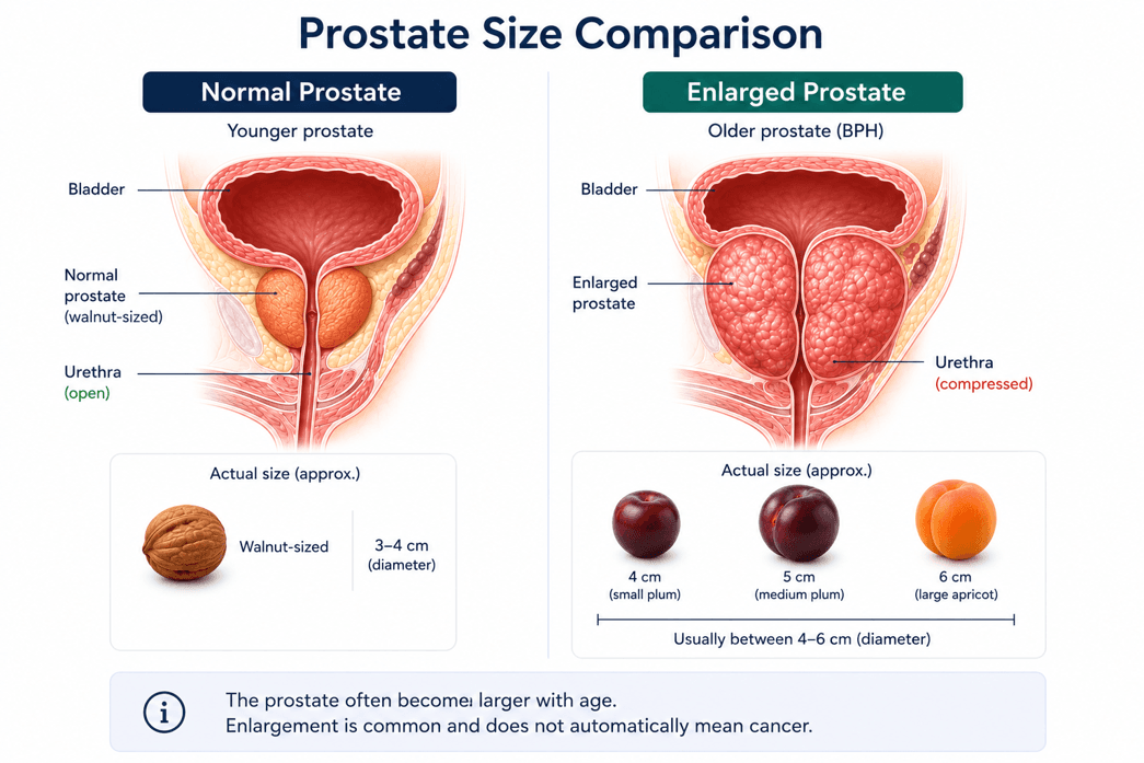 Illustration comparing normal and enlarged prostate size