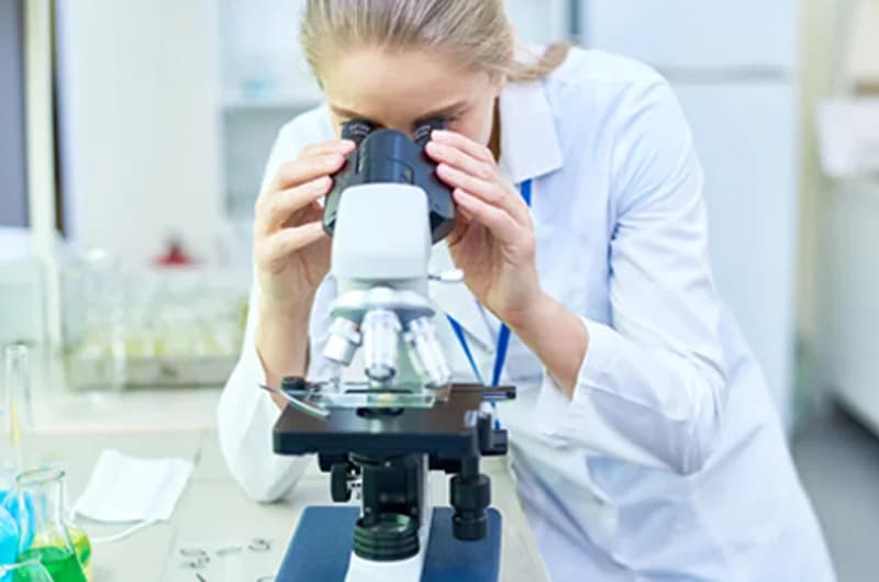 Scientist looking through a microscope in a laboratory