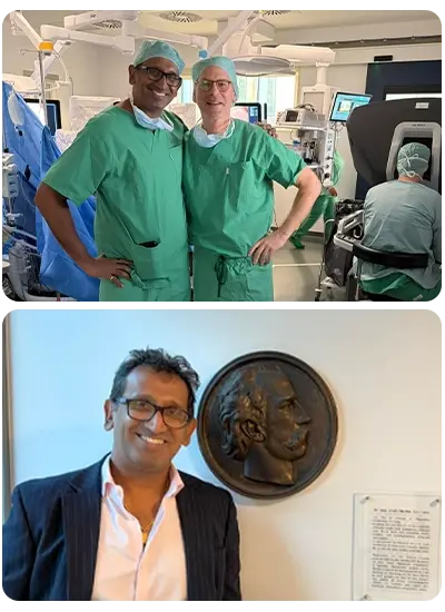 Professor Prasanna Sooriakumaran in theatre with a Martini-Klinik surgeon, and beside a commemorative plaque at the Martini-Klinik